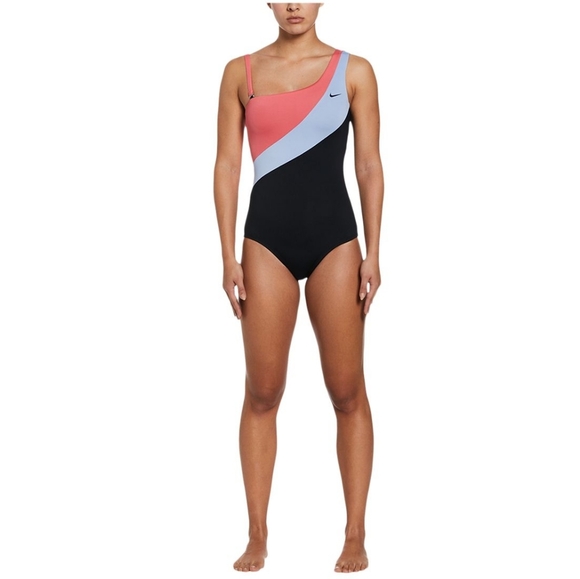 NIKE Women's Asymmetrical Swimsuit Colorblock Coral Pink Lavender Black Sz Small - Picture 3 of 16